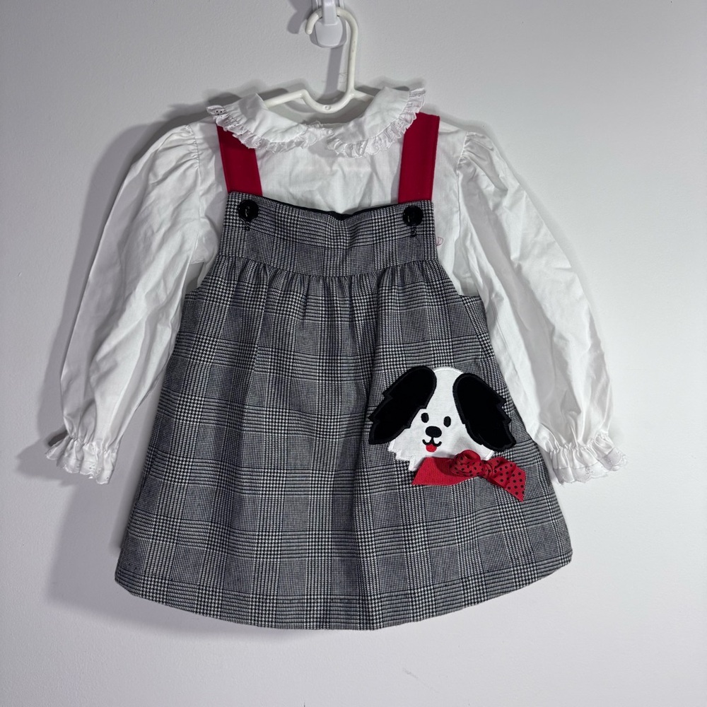 Vintage Girls Plaid Jumper Dress Set 4T Dog Applique USA - Picture 2 of 7